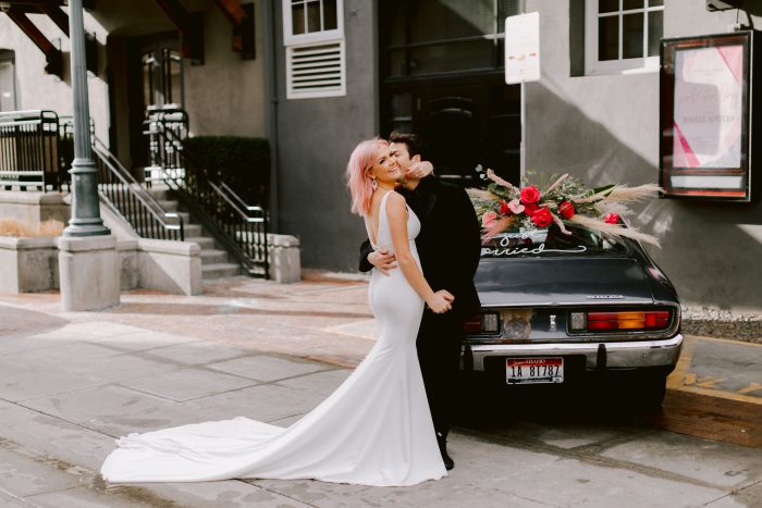 Groom with Real Bride Wearing Crepe Wedding Dress Called Fernanda by Maggie Sottero