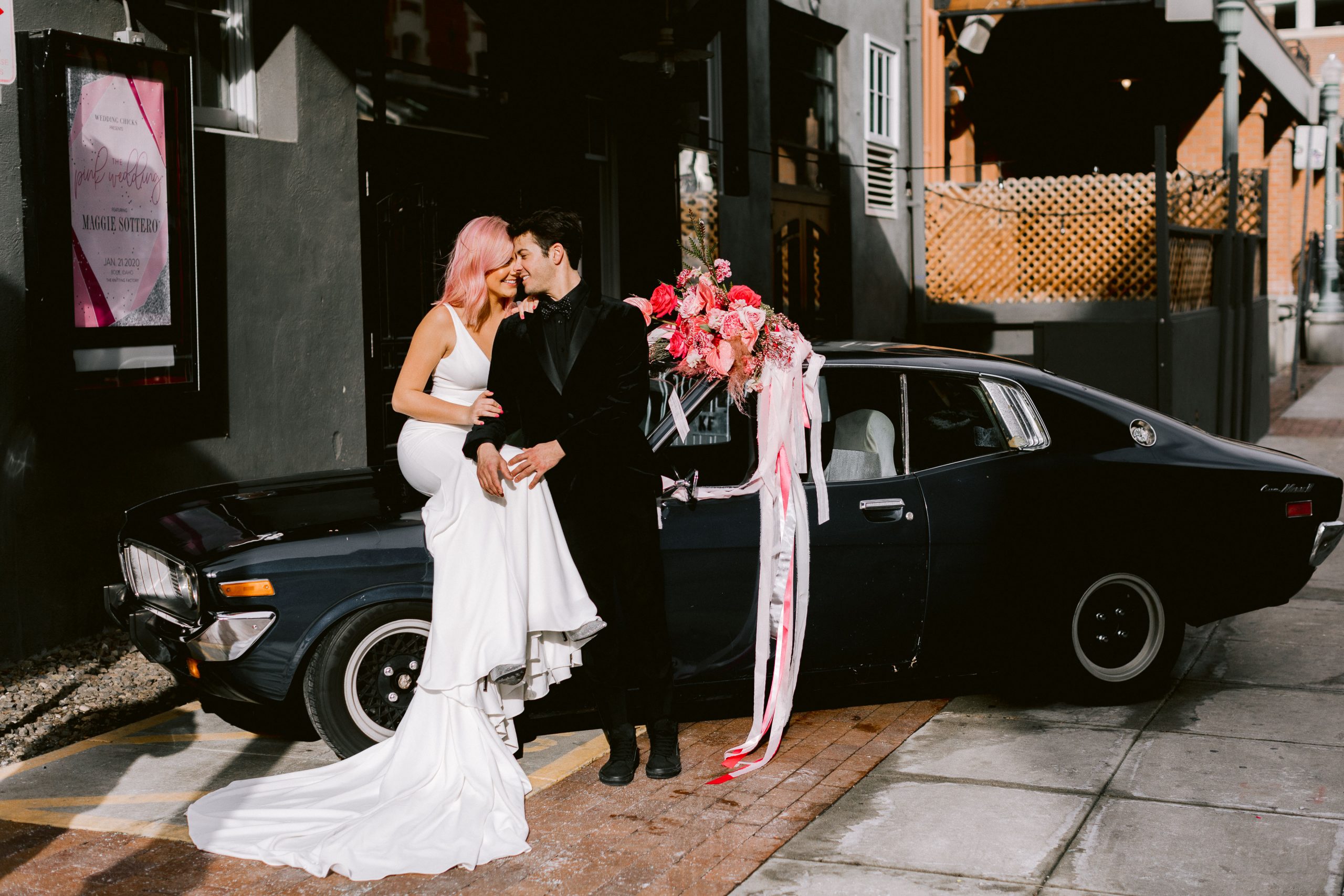 Groom with Real Bride Wearing Crepe Wedding Dress Called Fernanda by Maggie Sottero