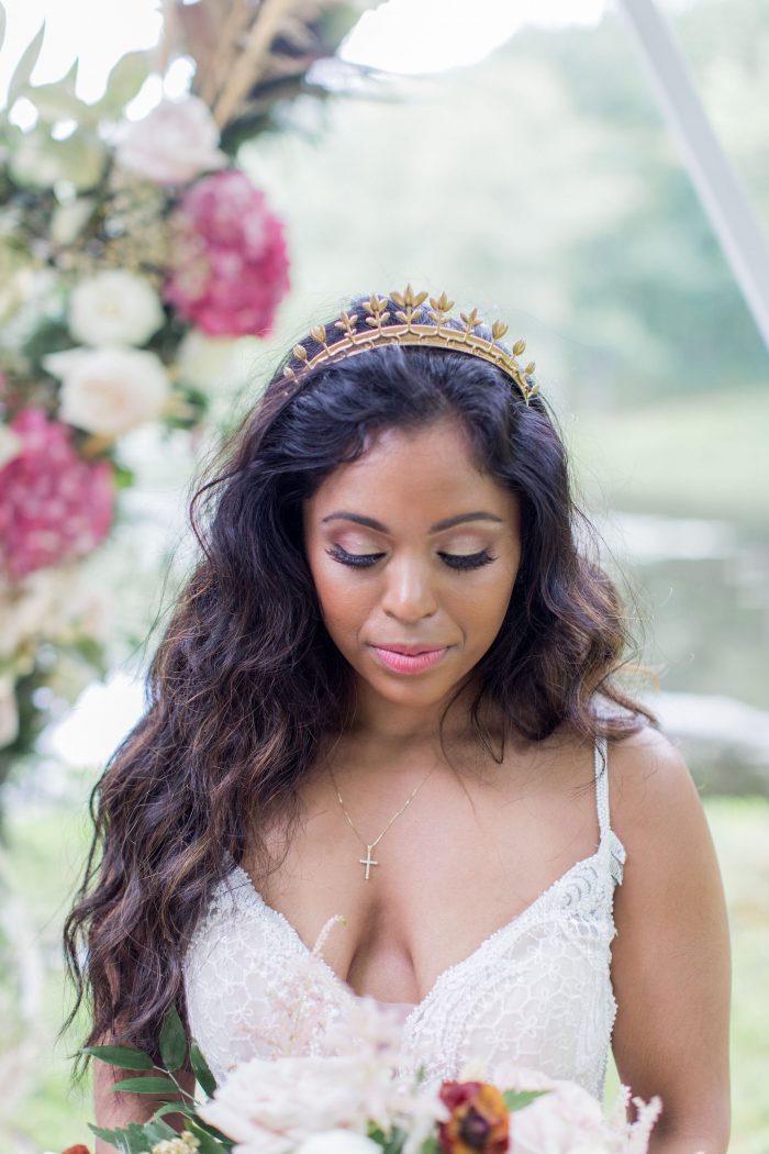 Real Bride Wearing Mermaid Waves Hairstyle with Gold Crown and Sottero and Midgley Wedding Dress