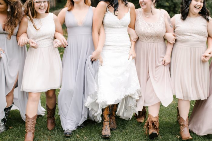 Bridesmaids with Real Bride Wearing Cowgirl Boots at Real Country Wedding