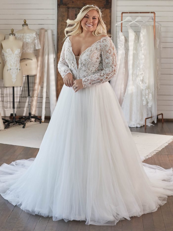 Bride Wearing Plus Size Ball Gown Wedding Dress Called Mallory Dawn by Maggie Sottero