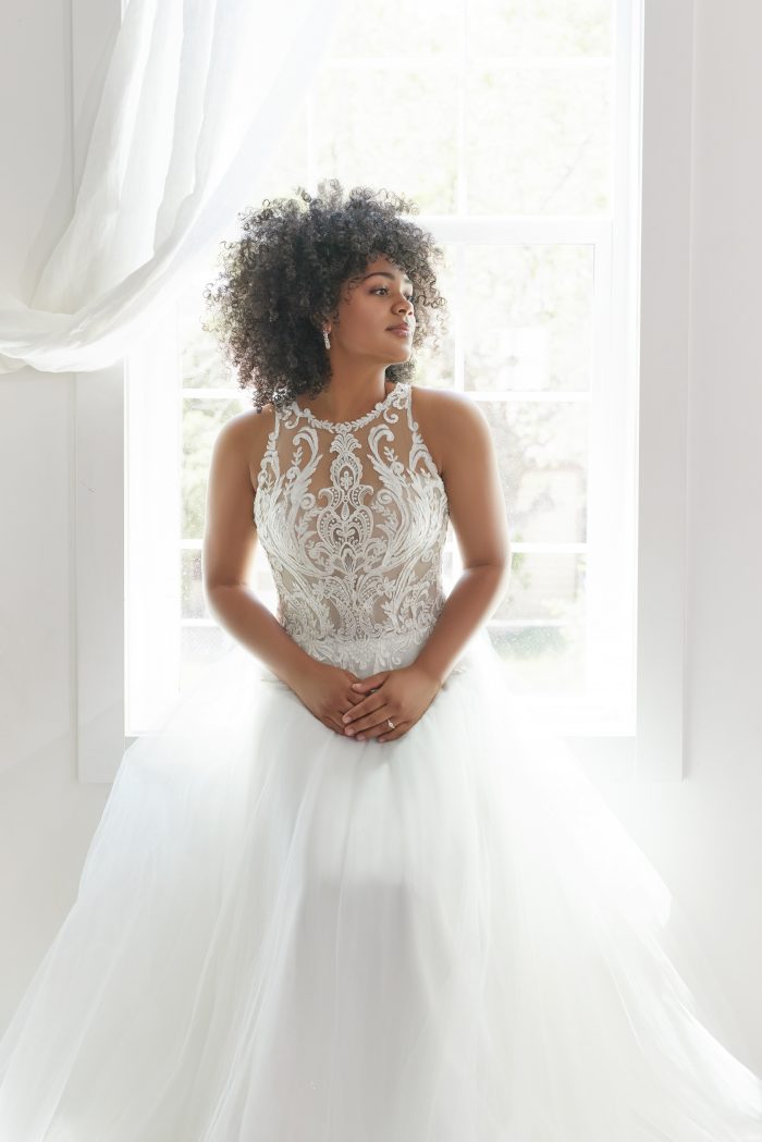 Bride Wearing Halter Neck Ball Gown Wedding Dress Called Ardelle by Rebecca Ingram