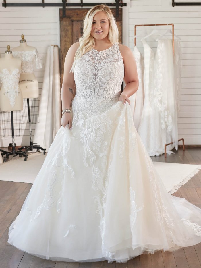 Wedding Dress Styles For Body Types For Brides With Smaller Chests Wearing A Dress Called Tovah By Sottero And Midgley