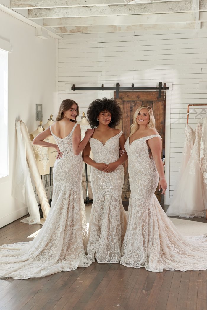 Three Brides in Different Sizes Wearing Body Positive Elias Wedding Dress by Sottero and Midgley