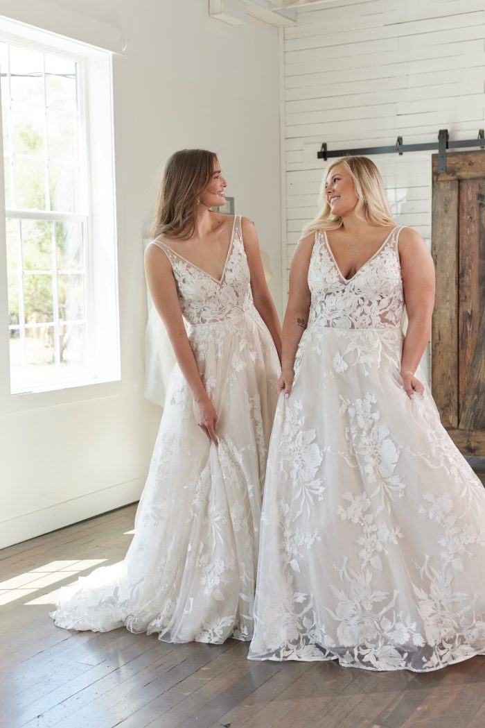 Two Body Positive Brides Trying on Maggie Sottero Wedding Dresses at Bridal Boutique