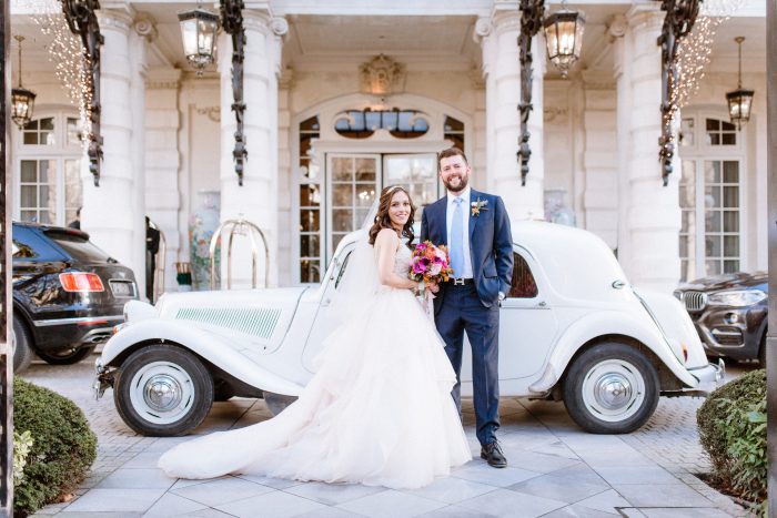 Groom with Real Bride in front of Christmas venue