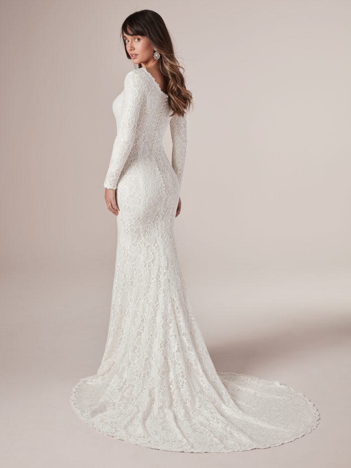 Long Sleeve Modest Sheath Wedding Gown Called Tina Leigh by Rebecca Ingram