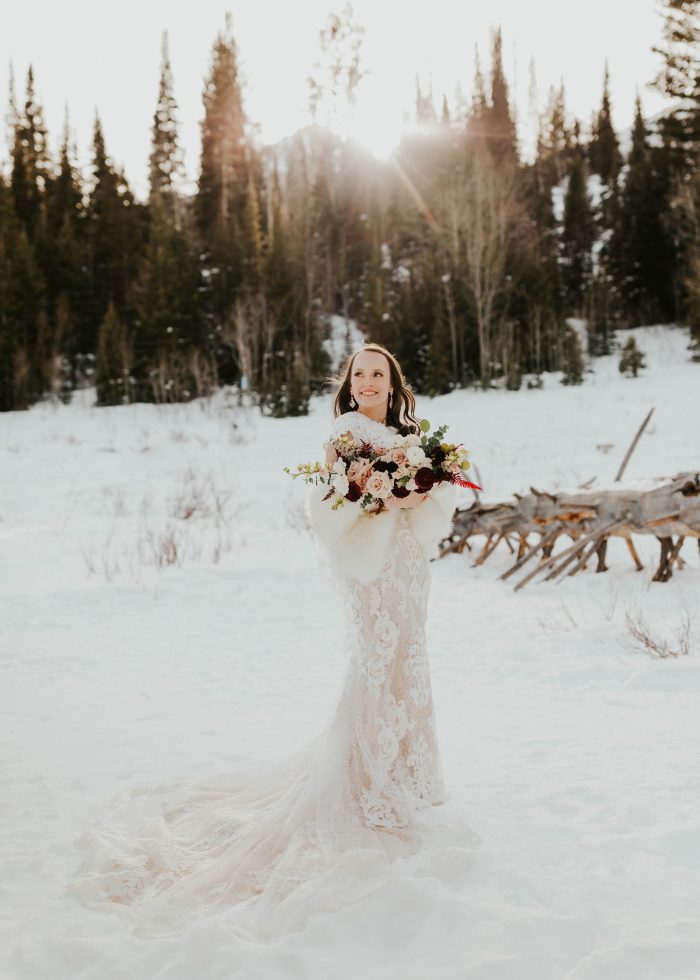 Real Bride Wearing Modest Sheath Wedding Dress in the Mountains