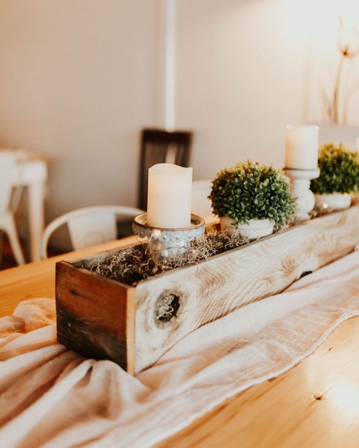 Cheesecloth Table Runner with Wood and Candle Centerpiece on Farm Table at Rustic Chic Wedding