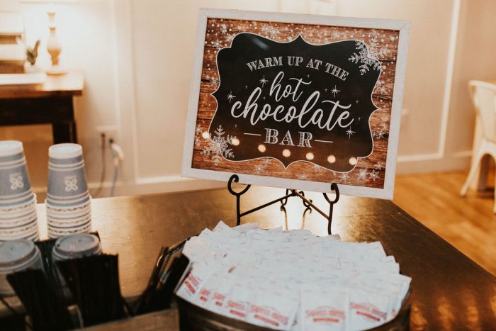 Cute Hot Chocolate Sign at Rustic Winter Wedding