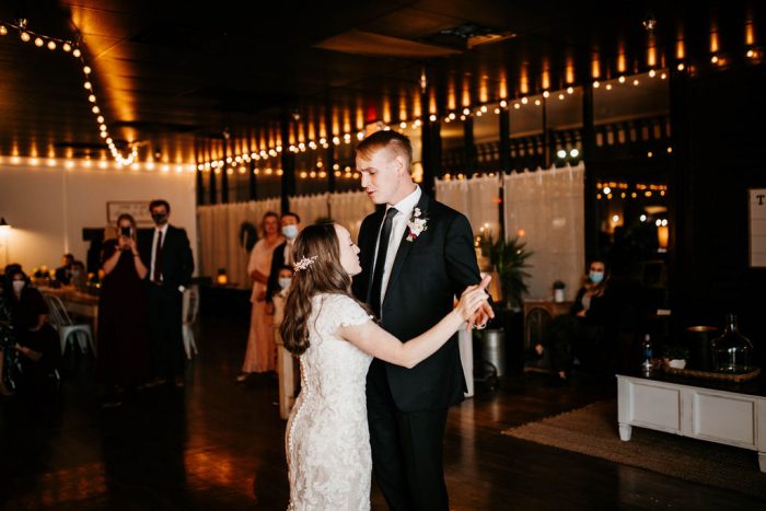Bride and Groom Dancing during Choreographed First Dance at Rustic Chic Wedding