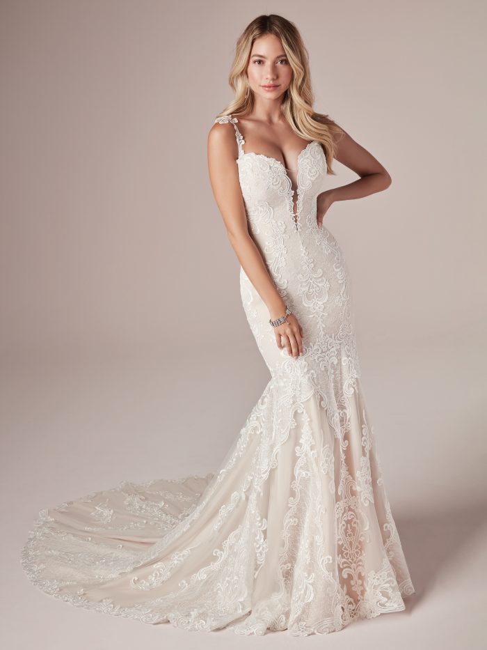 Model Wearing Lace Mermaid Wedding Gown Called Alma by Rebecca Ingram