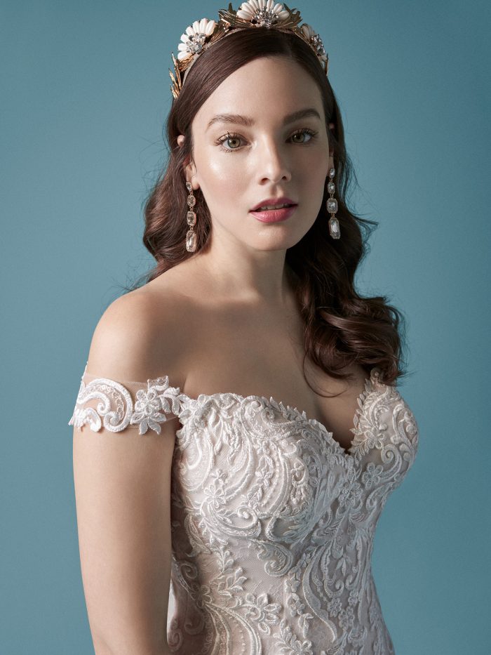 Cold Shoulder Sleeve Sequin Lace Mermaid Wedding Dress for an Hourglass Figure Called Jayla by Maggie Sottero
