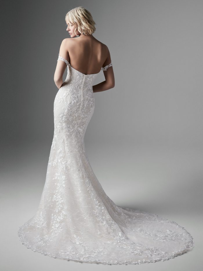 Model Wearing Lace Mermaid Wedding Gown with Detachable Off-the-Shoulder Straps Called Collin by Sottero and Midgley