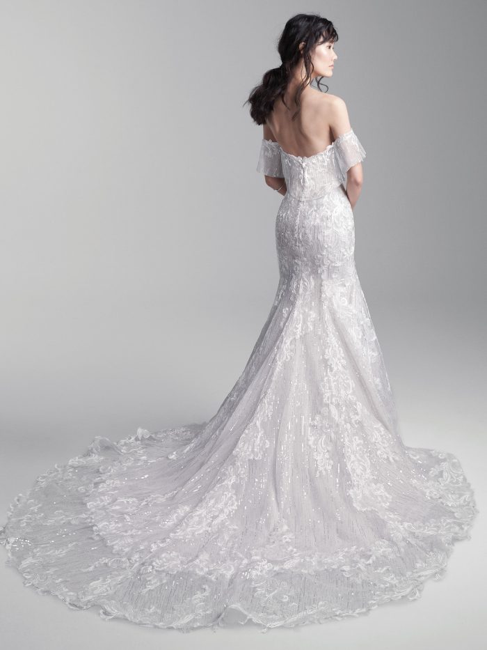 Model Wearing Off-the-Shoulder Lace Mermaid Wedding Dress Called Conrad by Sottero and Midgley