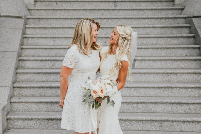 Bride with Mother of the Bride Wearing White Teatime Summer Dress