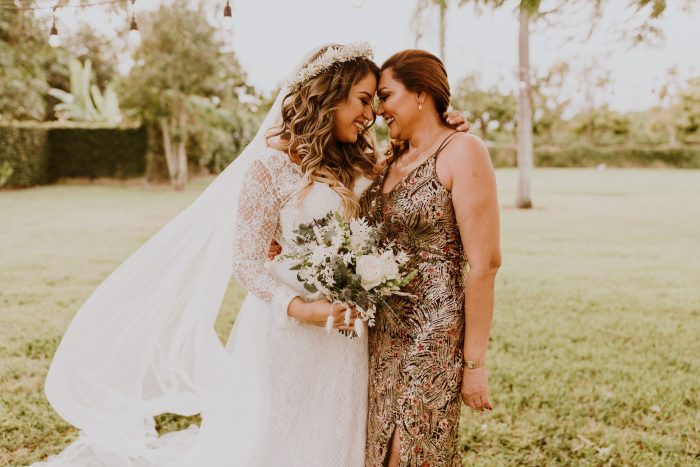 Real Bride with Mother of the Bride Wearing Shiny Maxi Dress