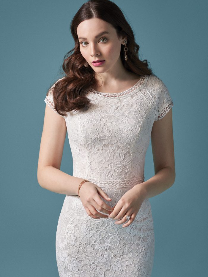 Model Wearing Modest Vintage Fit-and-Flare Wedding Dress