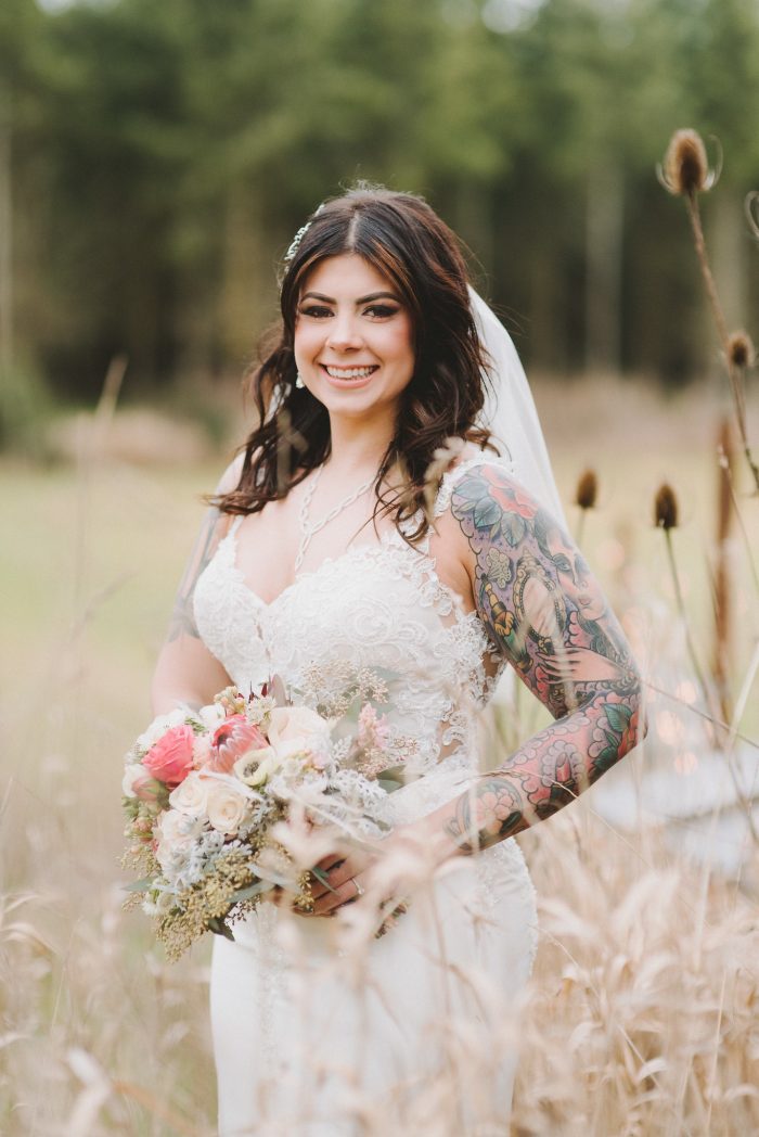 Real Bride Wearing Beaded Sheath Wedding Dress Called Alaina by Maggie Sottero