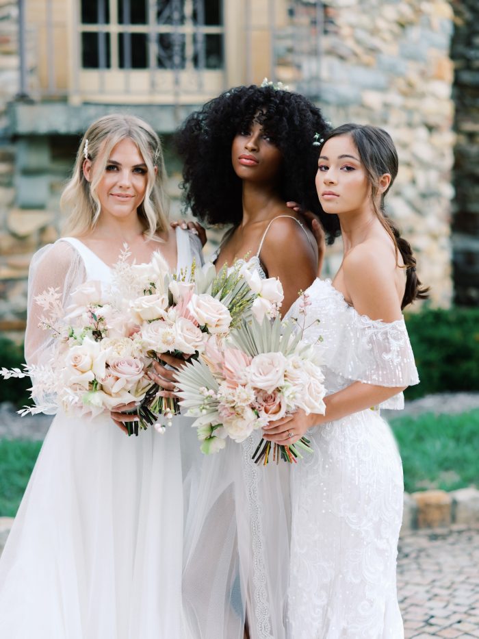 Three Brides Wearing Maggie Sottero Wedding Dresses and Holding Pink and Green Modern Boho Wedding Bouquets