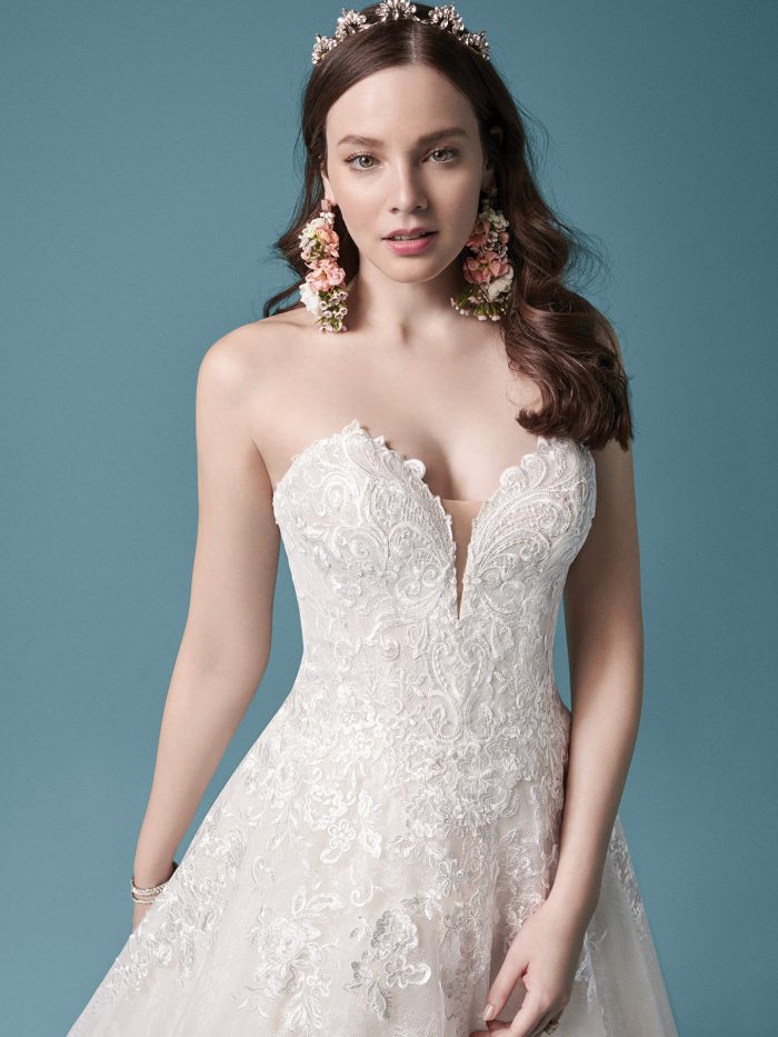 Model Wearing Iconic Movie Wedding Dress Called Tennyson by Maggie Sottero
