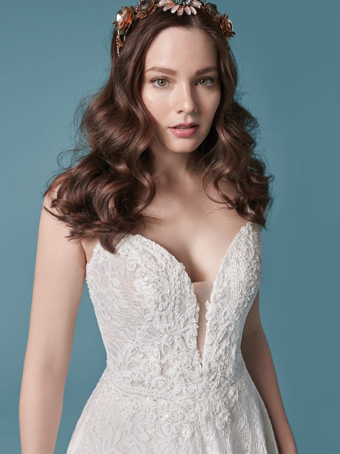 Model Wearing Allover Lace A-line Bridal Dress Called Valentia by Maggie Sottero