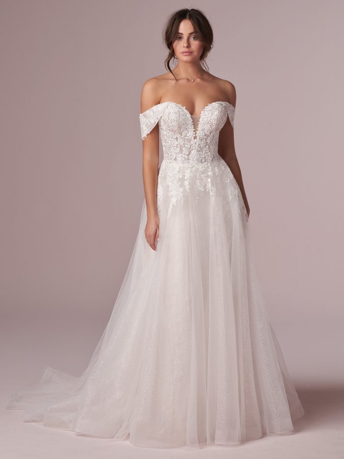 Model Wearing Off-the-Shoulder Tulle Princess Wedding Dress Called Mavis by Rebecca Ingram