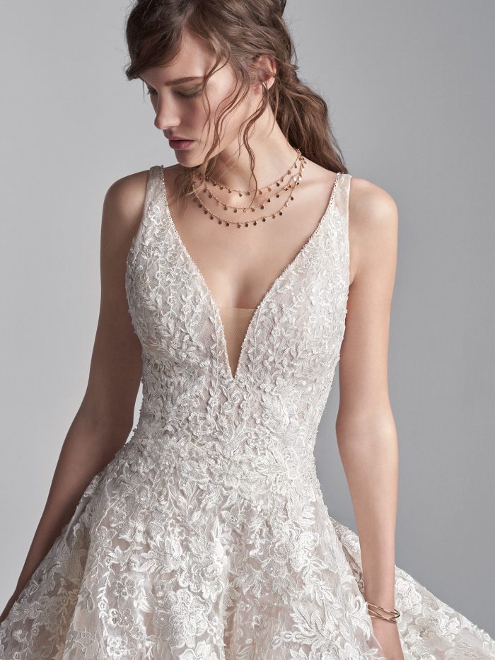 Model Wearing Romantic V-back A-line Wedding Dress