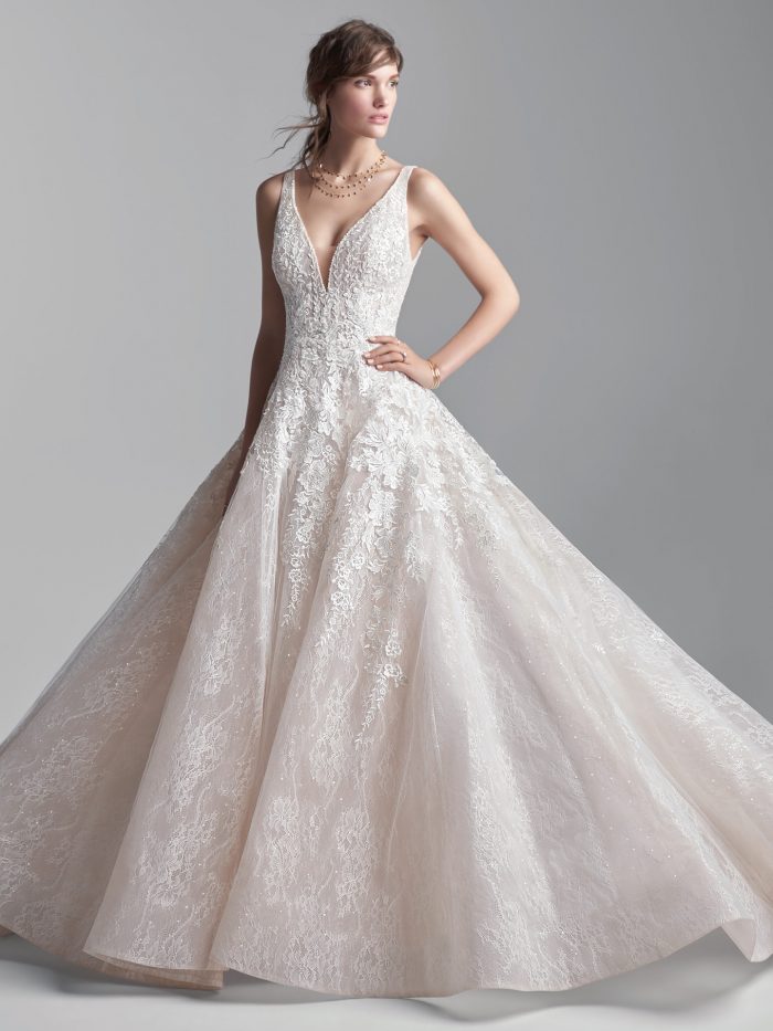 Model Wearing Lightweight Ball Gown Wedding Dress Called Grant by Sottero and Midgley
