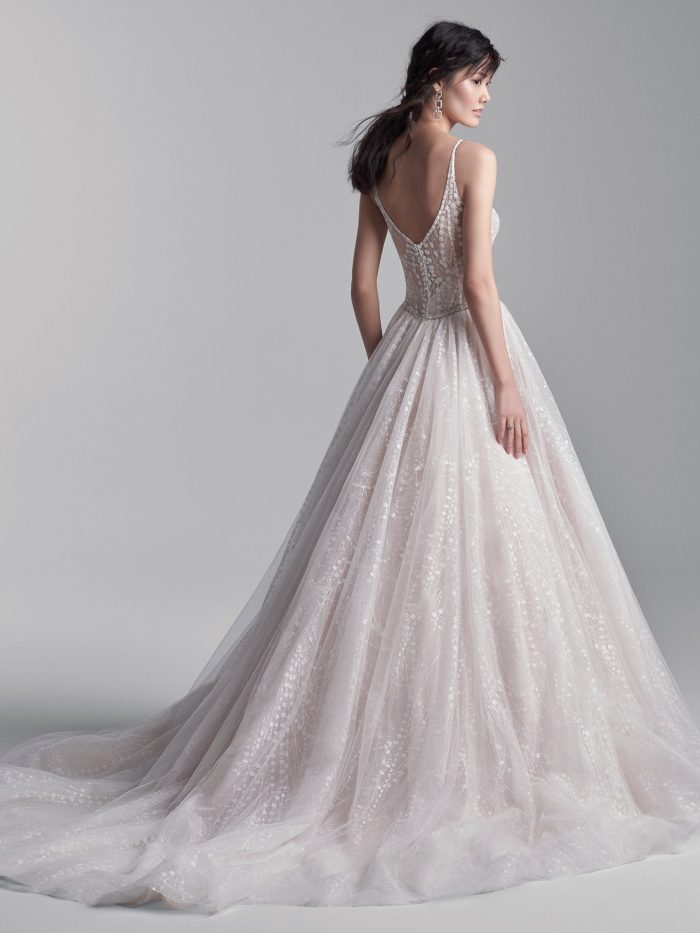 Model Wearing Geometric Sparkle Ball Gown Wedding Dress Called Thatched by Sottero and Midgley