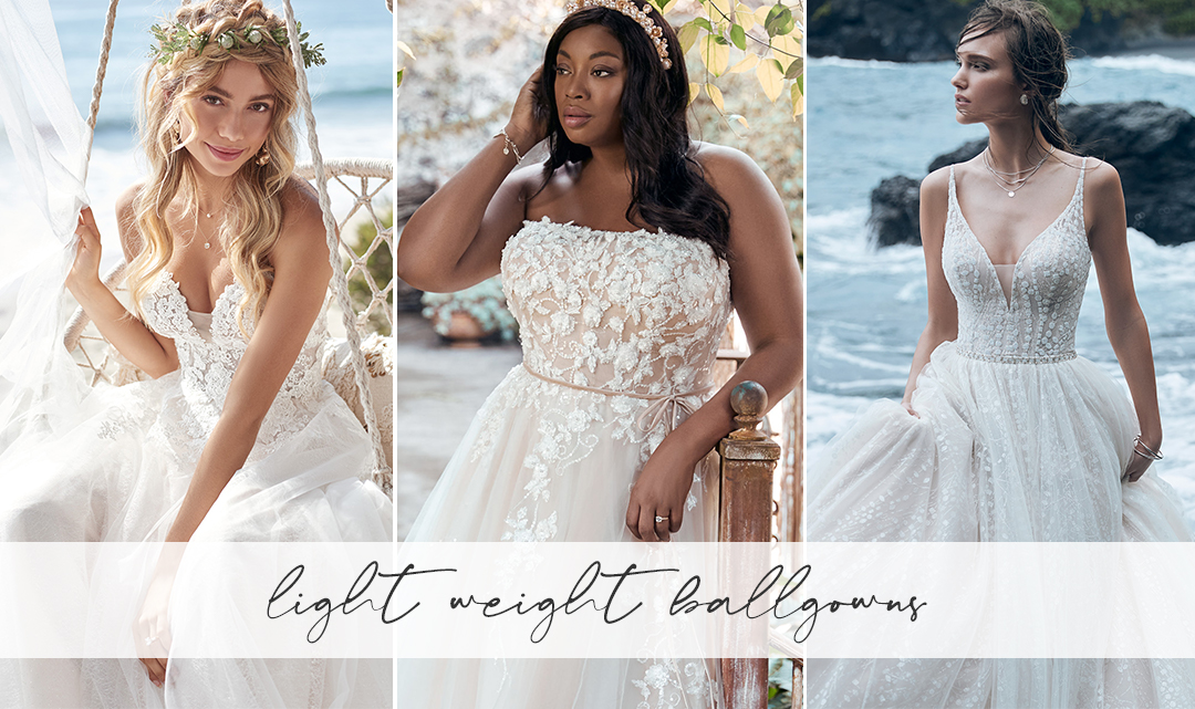 Collage of Brides on the Beach Wearing Lightweight Ball Gown Wedding Dresses by Maggie Sottero