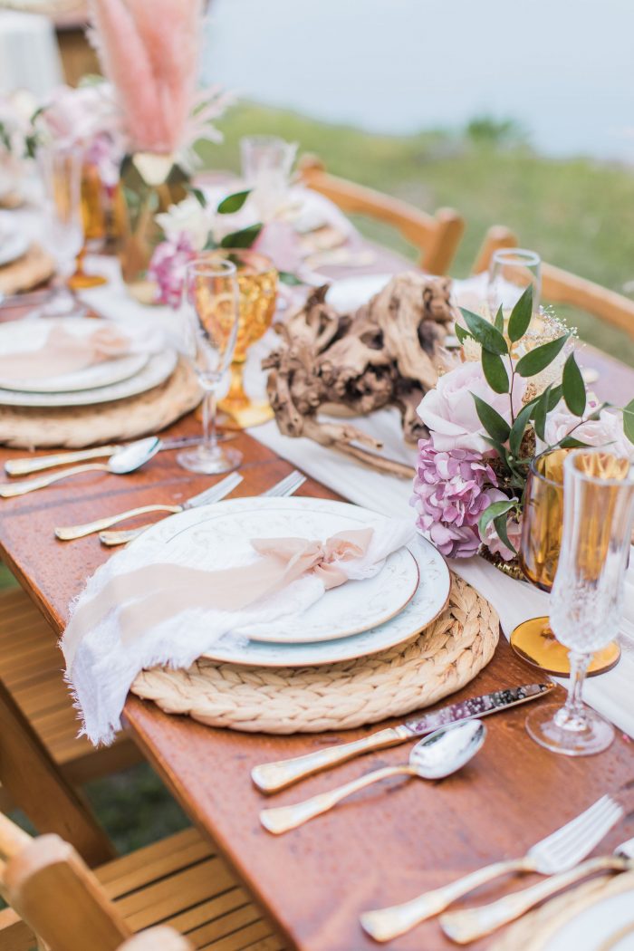 Natural Woven Place Mat on Table at Outdoor Wedding Reception