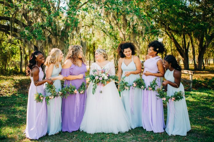 Bridesmaids with Real Bride in Florida Wearing Lace Ball Gown Wedding Dress Called Mallory Dawn by Maggie Sottero