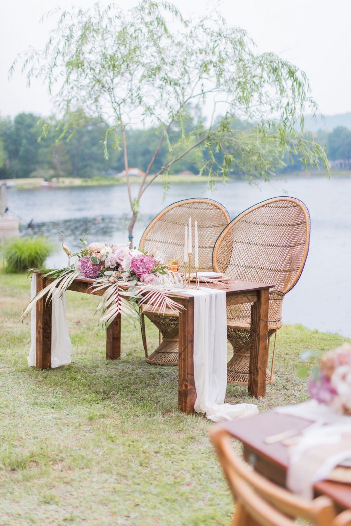 Outdoor Wedding Idea of Sweetheart Tablescape with Wicker Chairs 