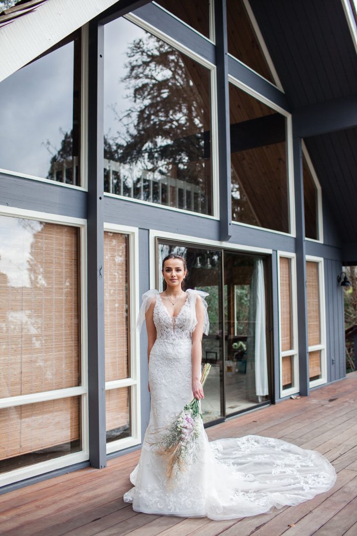 Bride Wearing Beach Wedding Dress with Bows on the Shoulders Called Easton by Sottero and Midgley