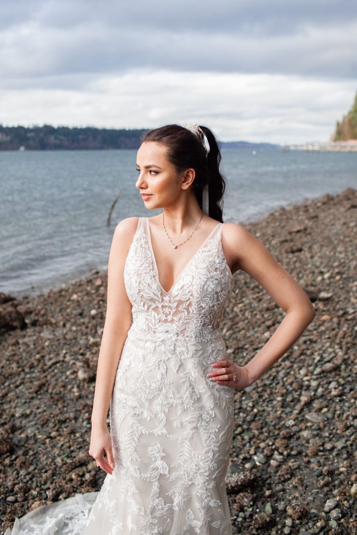 Bride Wearing Beach Wedding Dress by Maggie Sottero and Ponytail for Ribbon for Curly Hair