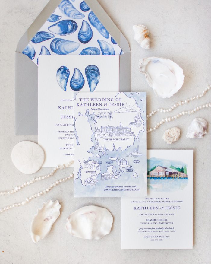 Ocean Blue Beach Summer Wedding Color Palette with Sea Shells and Invitations
