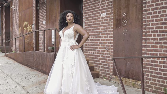 Model in New York Wearing Romantic A-line Wedding Dress Called Leticia Lynette by Maggie Sottero