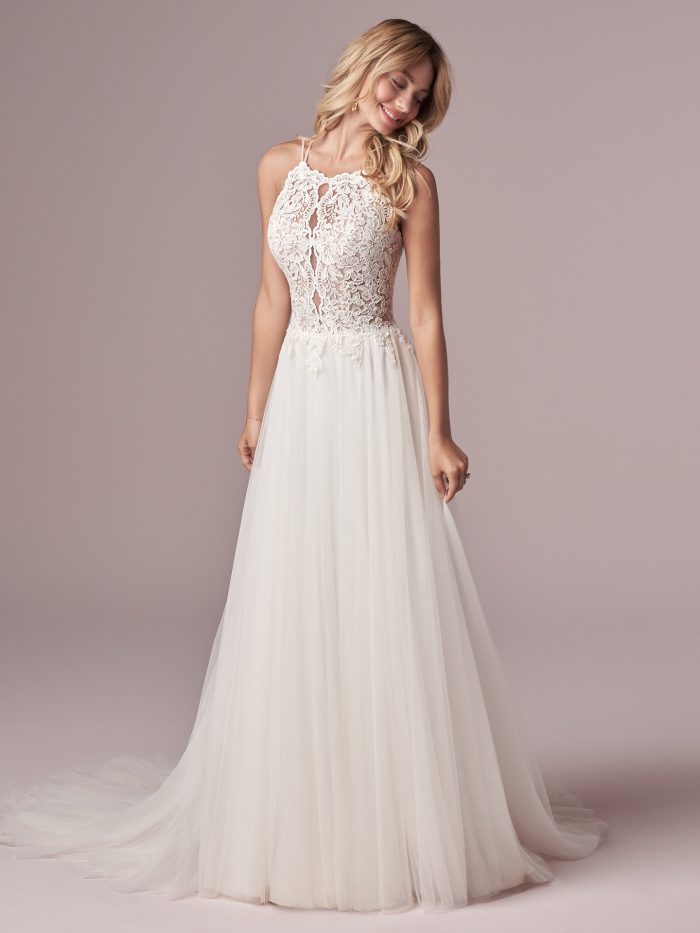 Model Wearing Rustic Bridal Dress Called Lexie Made by Rebecca Ingram