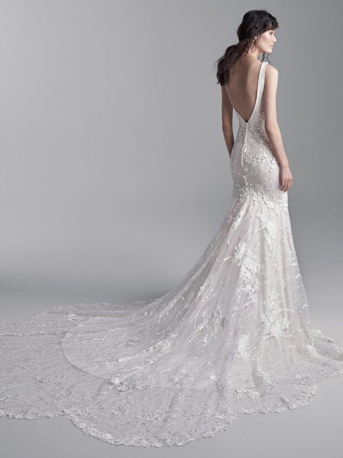 Model Wearing Wedding Dress with 3-D Lace Floral Motifs Called Cruz by Sottero and Midgley