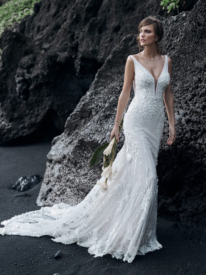 Bride on Beach Wearing Wedding Dress with 3-D Lace Floral Motifs Called Cruz by Sottero and Midgley