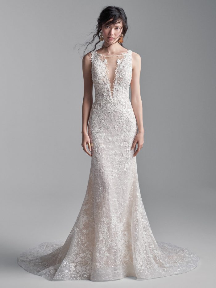 Model Wearing Sparkly Sheath Wedding Dress Called Edmund by Sottero and Midgley