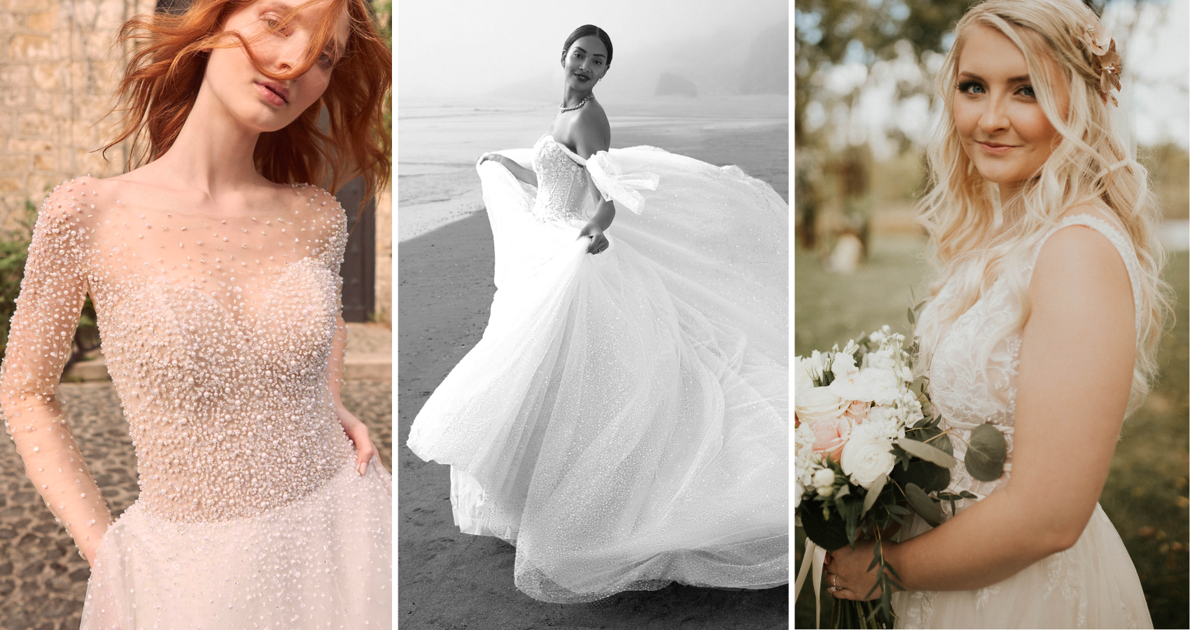 Fairytale Wedding Dress Blog Header With Brides Wearing Rosette By Maggie Sottero, Shasta By Sottero And Midgley, And Raelynn By Maggie Sottero