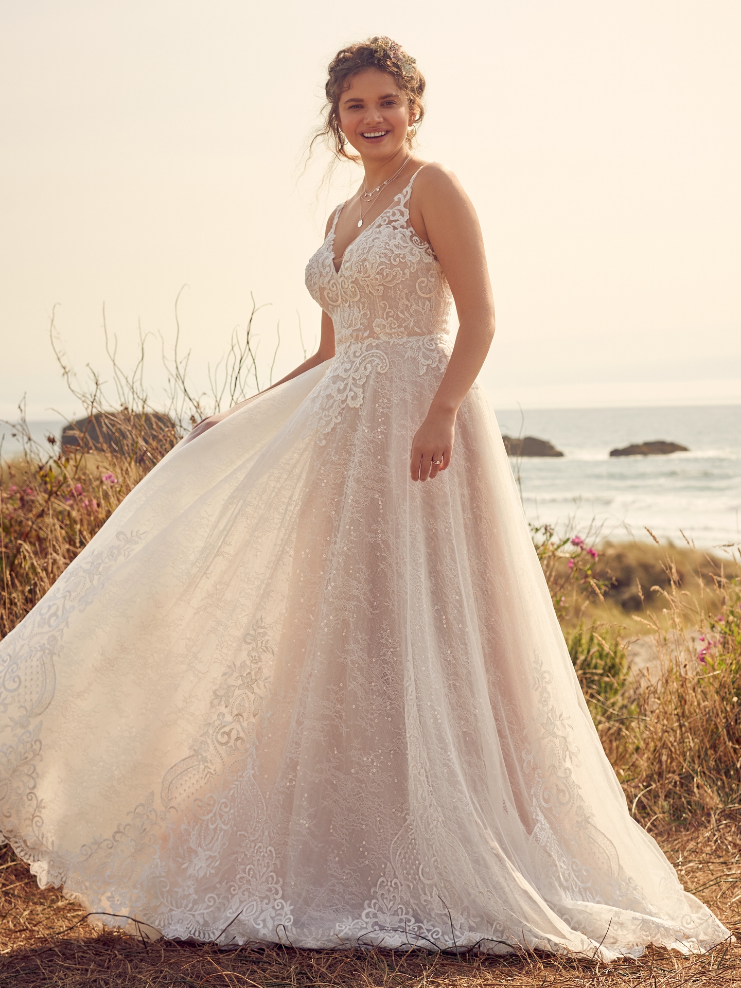 Bride Wearing Romantic A-line Wedding Dress Called Shauna by Rebecca Ingram