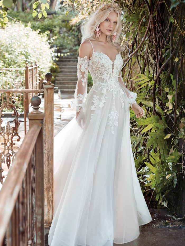 Model Wearing a Floral Wedding Dress by Maggie Sottero for a Garden Soiree Wedding