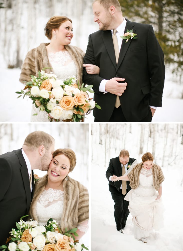 Rustic winter wedding in Colorado from Maggie Bride, Anna. Anna chose our lace Ascher wedding dress.