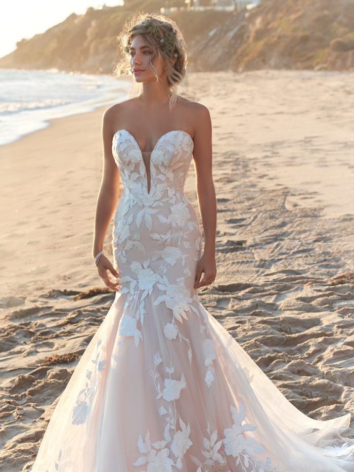 Model Wearing Strapless Floral Mermaid Wedding Dress Called Hattie by Rebecca Ingram