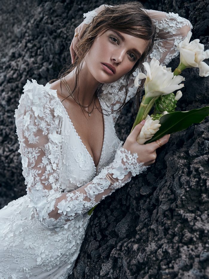 Model Wearing 3D Floral Wedding Dress by Sottero and Midgley for a Garden Soiree Wedding 