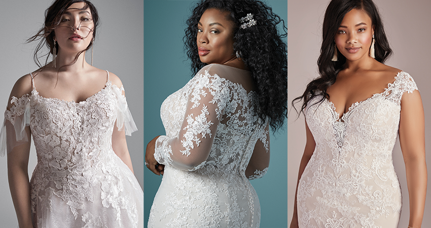 Collage of Curvy Models Wearing Plus Size Off the Shoulder Wedding Dresses