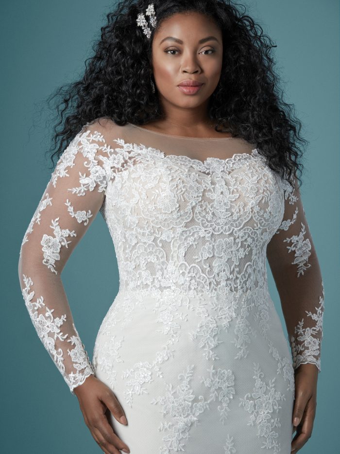 Curvy Black Model Wearing Lace Sheath Bridal Gown Called Chevelle Lynette by Maggie Sottero